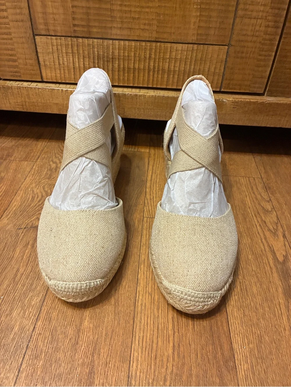 Easy Spirit Beige Gold Canvas Espadrille Wedge with Crossover Straps Sz 7 NWT
